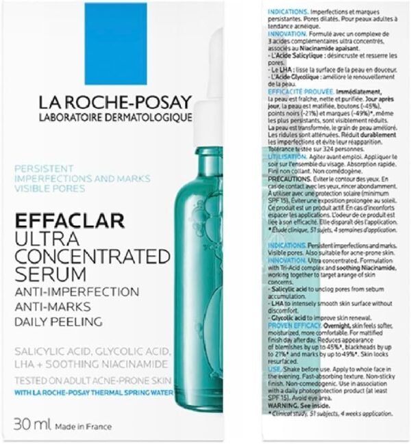 La Roche Posay Effaclar Siero Peeling Ultra Concentrato per Pelli a Tendenza Acneica, Azione Anti-Imperfezioni, Pelle Levigata, Acido Glicolico, Acido Salicilico e LHA, 30 ml