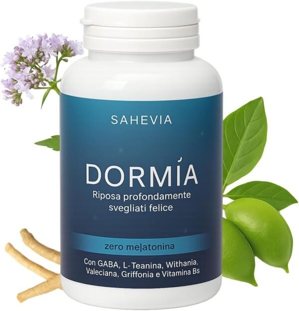 Dormia Sahevia Integratore Naturale per il Sonno con Ashwaghanda, Valeriana, Passiflora, Gaba Favorisce il Sonno, Contro l'Insonnia e i Risvegli Notturni - 120 Capsule