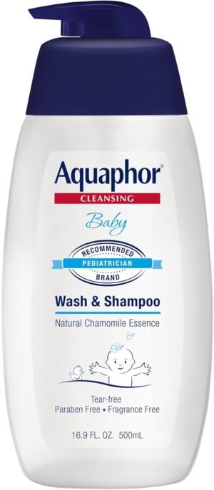 Aquaphor Baby Wash e Shampoo - Soluzione 2 in 1 delicata e senza lacrime per la pelle sensibile del bambino - 16,9 fl. oz. Pompa