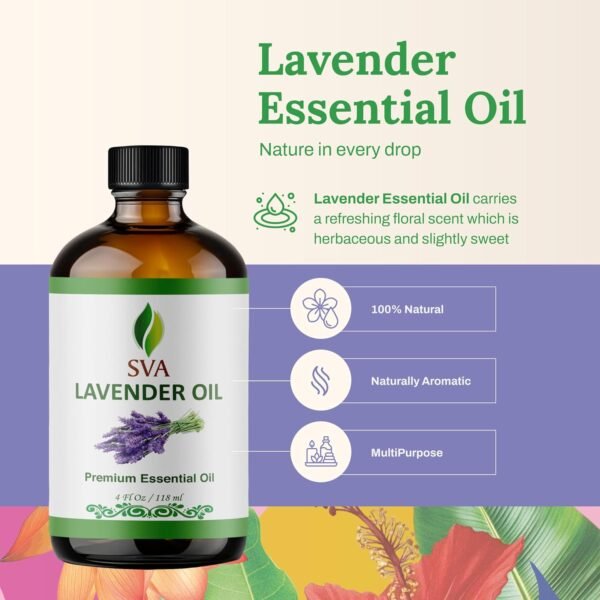711HC9dvxfL._AC_SL1500_.jpg SVA ORGANICS Olio essenziale di lavanda naturale al 100% - Olio aromatico di grado terapeutico, fluido da 4 once con contagocce | Oli naturali per aromaterapia