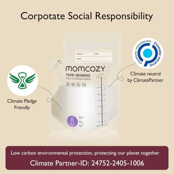 Momcozy 120 sacchetti per latte materno con rilevamento della temperatura per congelamento del latte materno da 8 once con profilo piatto salvaspazio per refrigerazione e congelamento