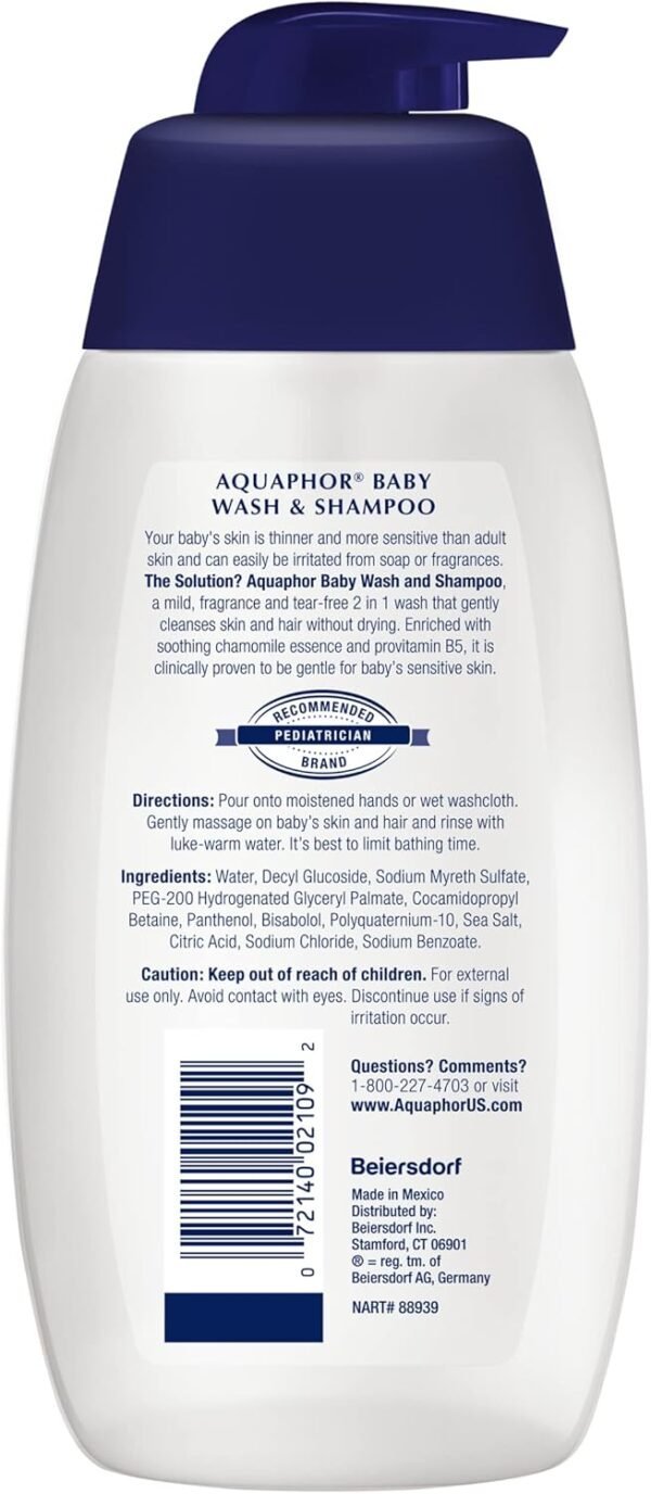 Aquaphor Baby Wash e Shampoo - Soluzione 2 in 1 delicata e senza lacrime per la pelle sensibile del bambino - 16,9 fl. oz. Pompa