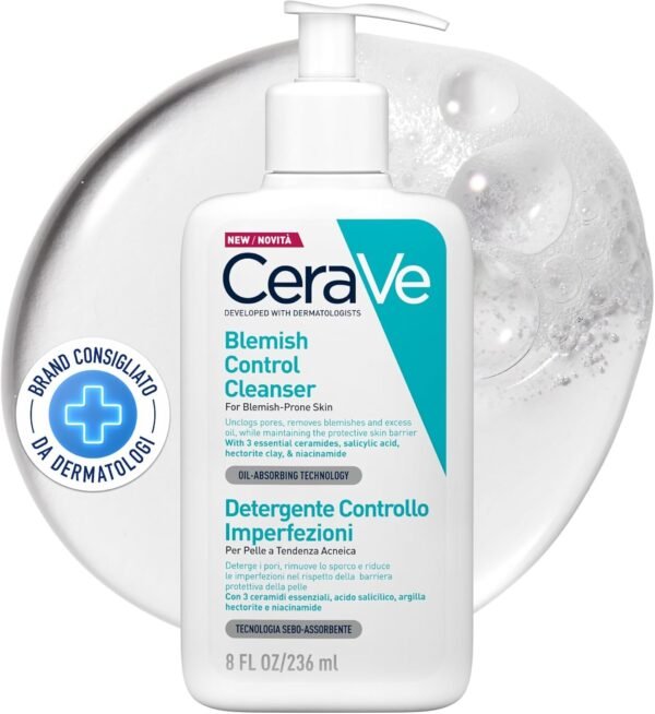 CeraVe Detergente per il controllo delle imperfezioni per pelle grassa a tendenza acneica, Azione purificante, Imperfezioni ridotte, Acido salicilico e Argilla purificante, 8 oz