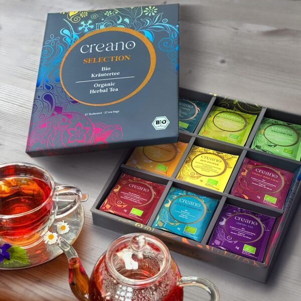 Set regalo tisane biologiche Creano - 27 bustine di tisane in 9 diverse varietà | Infusi Misti Biologici 54g - Idea Regalo Benessere e Relax