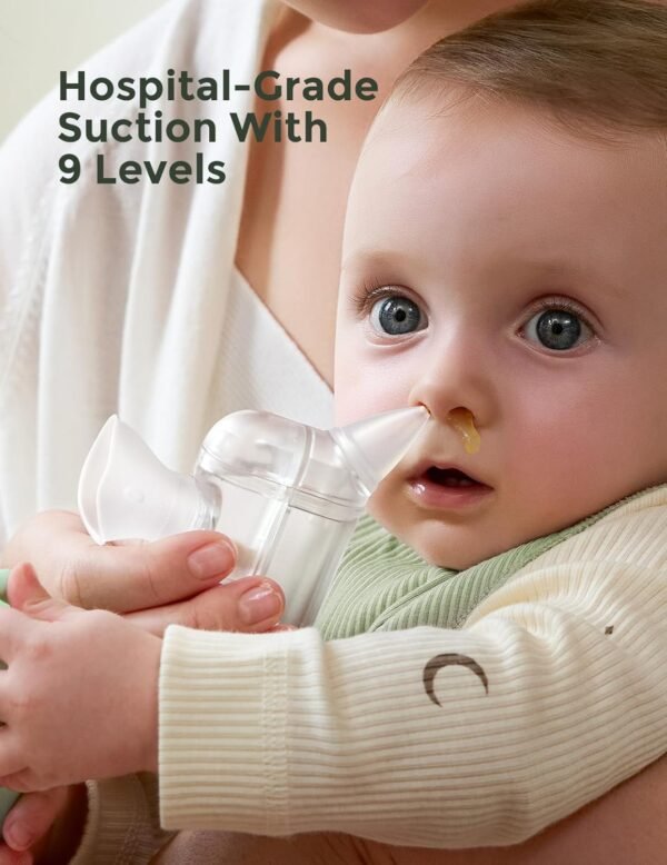 Momcozy BreezyClear Pro - Aspiratore nasale per bambini, grado ospedaliero, 75 kPa, con 9 livelli di aspirazione regolabili, pulitore elettrico per naso per bambini, lenitivo e leggero