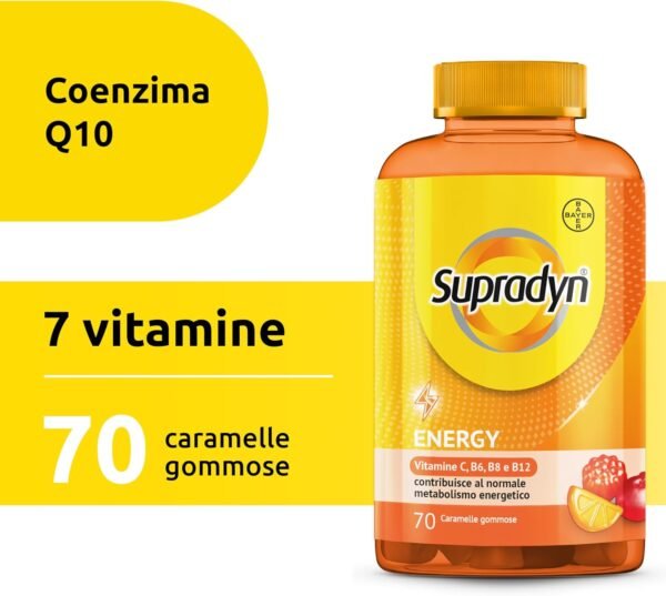 Supradyn Energy Integratore Multivitaminico Completo con Vitamine A, B, C, D, E e Coenzima Q10, 70 Caramelle Gommose Multivitaminiche al Gusto Ciliegia, Lampone e Arancia