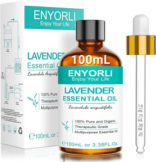 7177pgj8mL._AC_SL1500_.jpg ENYORLI Olio Essenziale di Lavanda 100ml Olio di Lavanda Puro Non Diluito, Oli Essenziali per Aromaterapia, Diffusori, Massaggi, Cura della Pelle, Rilassanti, Bagni, Aiuta il Sonno e Fai da Te