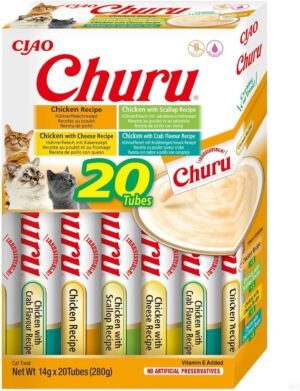 INABA Churu Snack Cremoso per Gatti in 4 Varietà di Pollo – 20 Bastoncini x 14 g – Cibo per Gatti da Leccare, Sano e Delizioso – Snack per Gatti Senza Conservanti né Coloranti Artificiali, Senza Cereali