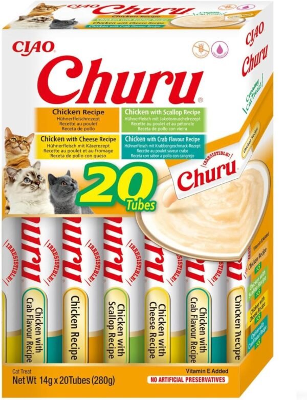 INABA Churu Snack Cremoso per Gatti in 4 Varietà di Pollo – 20 Bastoncini x 14 g – Cibo per Gatti da Leccare, Sano e Delizioso – Snack per Gatti Senza Conservanti né Coloranti Artificiali, Senza Cereali