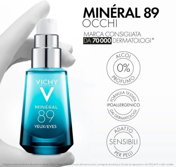 Vichy Minéral 89 Gel occhi fortificante per tutti i tipi di pelle, idratazione 8H, riduce borse, occhiaie e linee sottili, con caffeina, acido ialuronico e acqua vulcanica, 15 ml