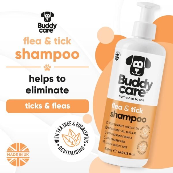 Buddycare Shampoo contro pulci e zecche per cani, elimina gli acari, detergente per melaleuca e shampoo contro pulci all'eucalipto (500 ml)