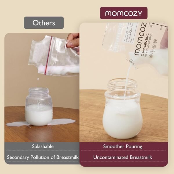 Momcozy 120 sacchetti per latte materno con rilevamento della temperatura per congelamento del latte materno da 8 once con profilo piatto salvaspazio per refrigerazione e congelamento