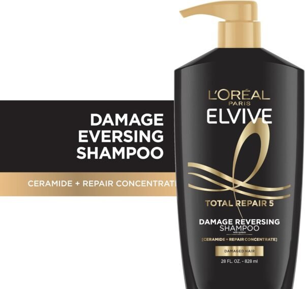 L'Oréal Paris Elvive Total Repair 5 Shampoo riparatore, per capelli danneggiati, shampoo con proteine ​​e ceramide per capelli forti, setosi, lucenti, sani e rinnovati, 28 fl. oz.