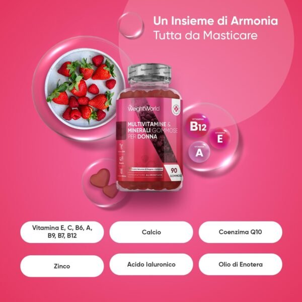 Multivitaminico da donna in caramelle gommose vegane con 13 vitamine e minerali da donna, multivitaminico completo di acido ialuronico, enotera, CoQ10, calcio, 90 caramelle gommose, aroma di fragola e lampone