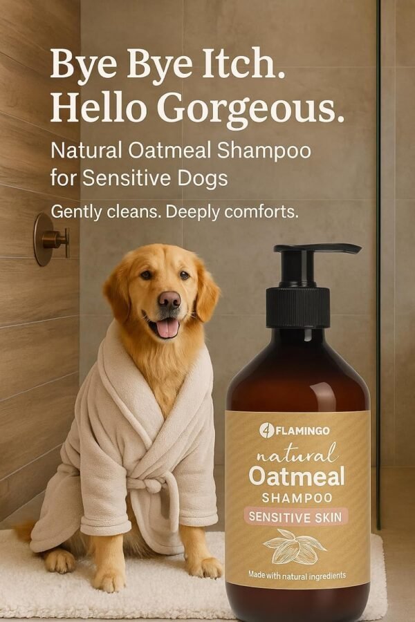 71DfPgR4jZL._AC_SL1500_.jpg Shampoo per cani all'avena - Per pelli secche sensibili - Effetto calmante e nutriente - Shampoo per cani Flamingo Argan