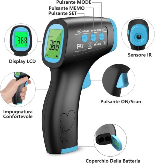 Termometro per febbre a infrarossi, Termometro digitale, Termometro per ambiente interno, Modalità corpo e Modalità superficie, con allarme febbre e ampia memoria, pronto per tutte le età - Nero