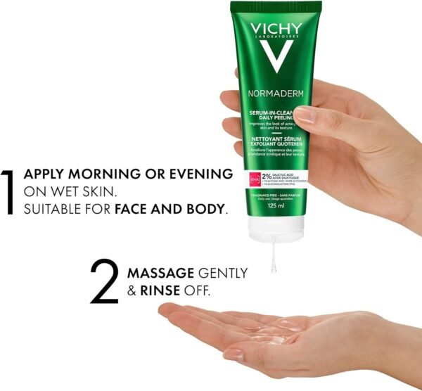 Vichy Normaderm siero detergente, peeling quotidiano per pelle con imperfezioni, macchie e cicatrici post-acne ridotte, struttura della pelle migliorata, acido glicolico e acido salicilico, 125 ml