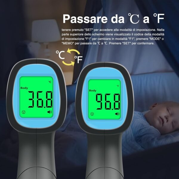 Termometro per febbre a infrarossi, Termometro digitale, Termometro per ambiente interno, Modalità corpo e Modalità superficie, con allarme febbre e ampia memoria, pronto per tutte le età - Nero