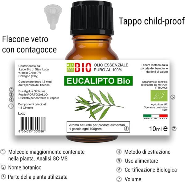 Olio Essenziale Bio Eucalipto Puro al 100% 10 ml – Uso Interno Diffusori Alimentari Terapeutici Cosmetici Aromaterapeutici Ambientali – Laborbio