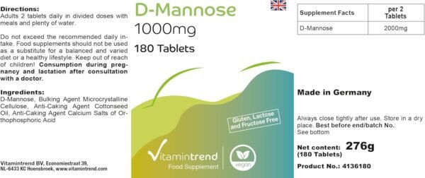 D-Mannosio 1000 mg – Vegano – 180 Compresse – Alto dosaggio – Prodotto in Germania Vitamintrend®