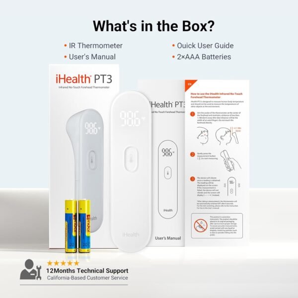 Termometro Frontale iHealth No-Touch, Termometro Digitale a Infrarossi per Adulti e Bambini, Termometro per Bambini Senza Contatto con 3 Sensori Ultra Sensibili (Pt3)