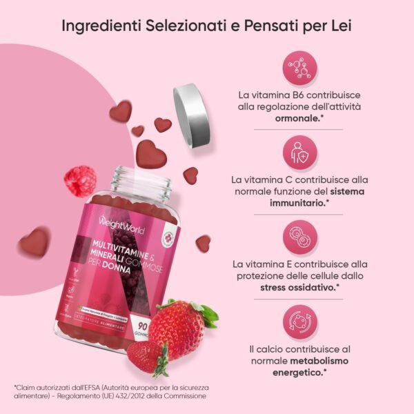 Multivitaminico da donna in caramelle gommose vegane con 13 vitamine e minerali da donna, multivitaminico completo di acido ialuronico, enotera, CoQ10, calcio, 90 caramelle gommose, aroma di fragola e lampone