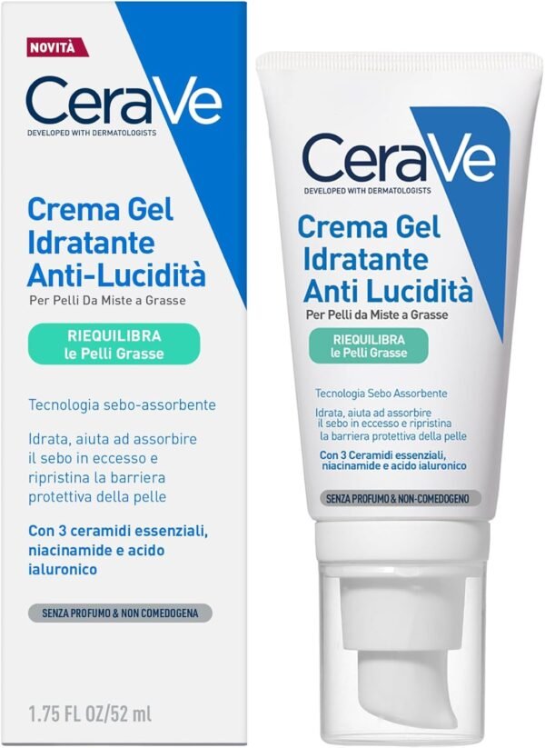 CeraVe Crema Gel Idratante Antilucente per Pelli Miste Grasse a Tendenza Acneica, Effetto Opaco, Pelle Idratata, Tecnologia Seboassorbente, con Acido Ialuronico, Ceramidi e Niacinamide, 53 ml