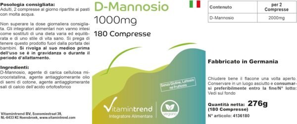 D-Mannosio 1000 mg – Vegano – 180 Compresse – Alto dosaggio – Prodotto in Germania Vitamintrend®