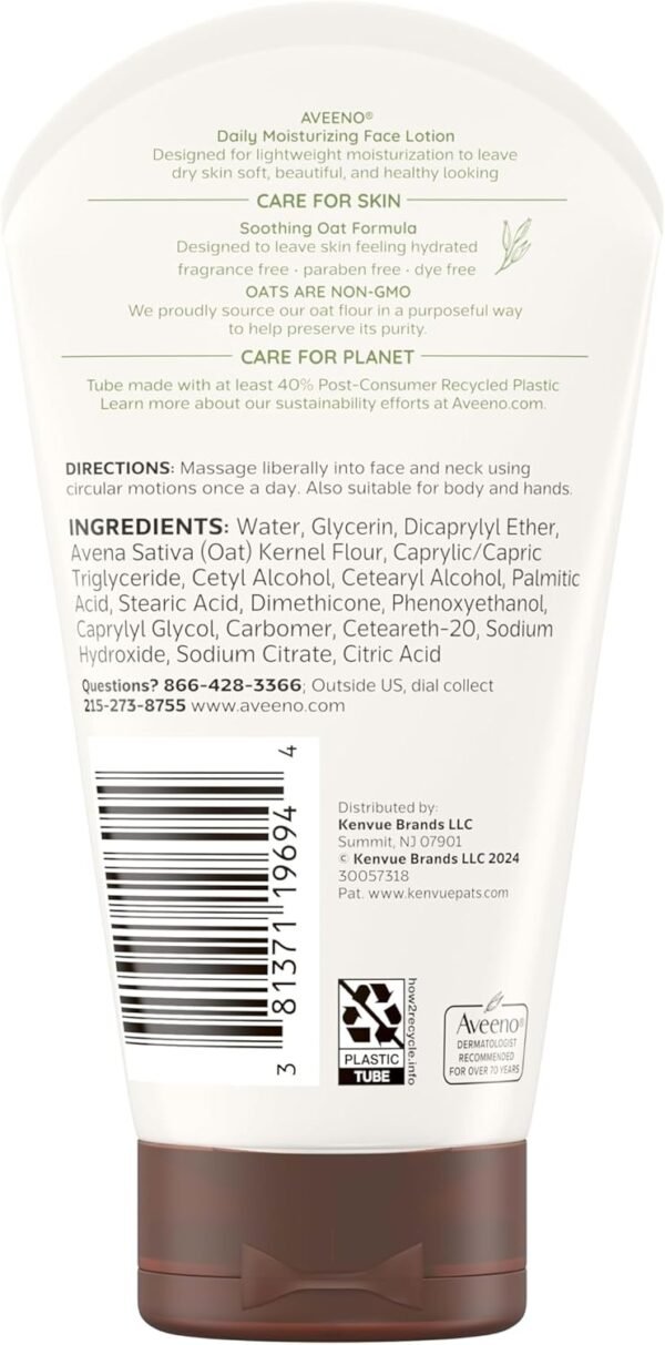 71OozEC1uL._AC_SL1500_.jpg Aveeno Crema viso idratante quotidiana all'avena prebiotica senza profumo per pelle secca, crema viso clinicamente testata per idratare la pelle secca per 24 ore, senza parabeni, profumo e coloranti, 5 oz