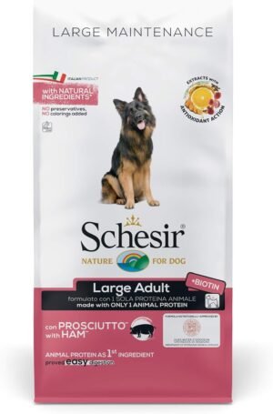 Schesir, Alimento secco per Cani Adulti di Taglia Grande al Gusto Prosciutto, Linea Mantenimento in Crocchette – Formato Sacco da 12 kg