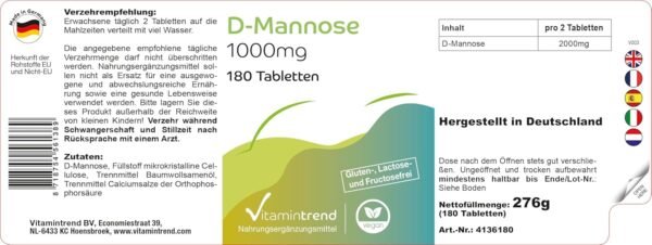D-Mannosio 1000 mg – Vegano – 180 Compresse – Alto dosaggio – Prodotto in Germania Vitamintrend®