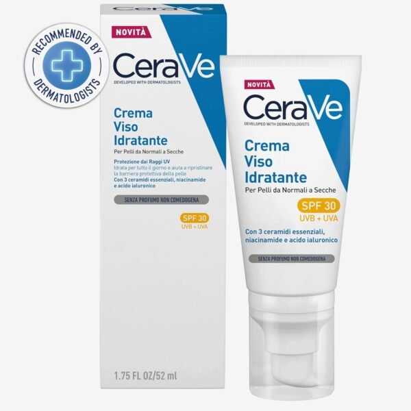 CeraVe Crema viso idratante SPF 30, per pelli da normali a secche, idratazione profonda, assorbimento rapido, protezione solare SPF 30 e acido ialuronico, 53 ml