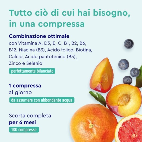 Integratore Multivitaminico Completo, 180 Compresse per 6 Mesi di Scorta, Vitamine A, B, C, D3, E e Minerali Essenziali, Calcio, Zinco e Selenio, Senza Additivi, Qualità Testata