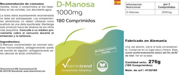 D-Mannosio 1000 mg – Vegano – 180 Compresse – Alto dosaggio – Prodotto in Germania Vitamintrend®
