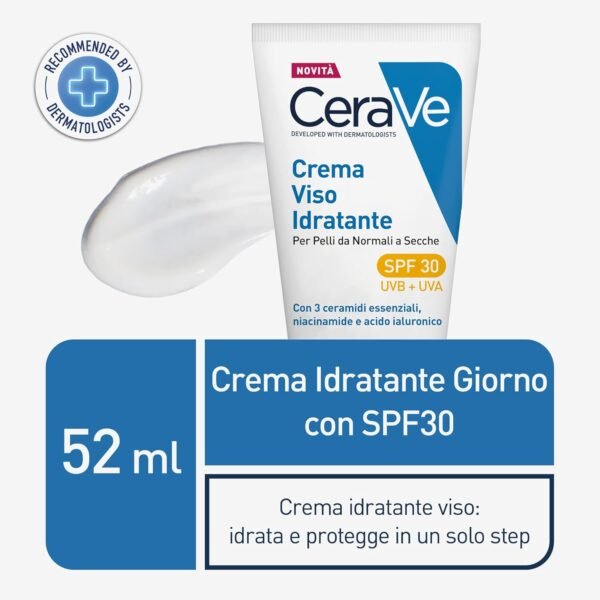 CeraVe Crema viso idratante SPF 30, per pelli da normali a secche, idratazione profonda, assorbimento rapido, protezione solare SPF 30 e acido ialuronico, 53 ml