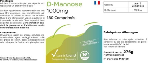 D-Mannosio 1000 mg – Vegano – 180 Compresse – Alto dosaggio – Prodotto in Germania Vitamintrend®