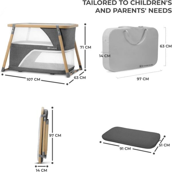 Kinderkraft Lettino da viaggio 4 in 1 SOFI Lettino in uno Lettino pieghevole rapido con accessori, materasso, borsa, stile scandinavo, due altezze, per neonati dalla nascita, Grigio
