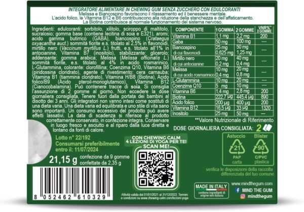 71XIft6Yp0L._AC_SL1200_.jpg Mind The Gum Supplemento rilassante e calmante - 27 gomme da masticare | Integratori per la mente contro ansia, stress e stanchezza mentale | Con Melissa, Teanina e Biancospino