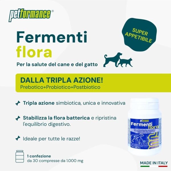 Petformance Fermentiflora – Probiotico, Prebiotico e Postbiotico per Cani e Gatti – Fermenti Lattici con Funzione Digestiva per la Flora Intestinale – 30 Compresse Appetibili