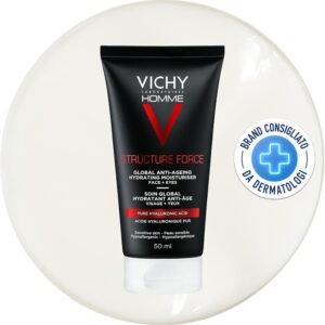 71Z6iK8PbML._AC_SL1500_.jpg Vichy Homme Structure Force trattamento antietà viso e occhi per pelli sensibili, rassodante e distesa, con acido ialuronico, acqua termale Vichy, silicio e AHA da estratti vegetali 50 ml