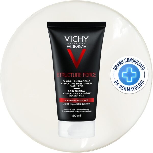 Vichy Homme Structure Force trattamento antietà viso e occhi per pelli sensibili, rassodante e distesa, con acido ialuronico, acqua termale Vichy, silicio e AHA da estratti vegetali 50 ml