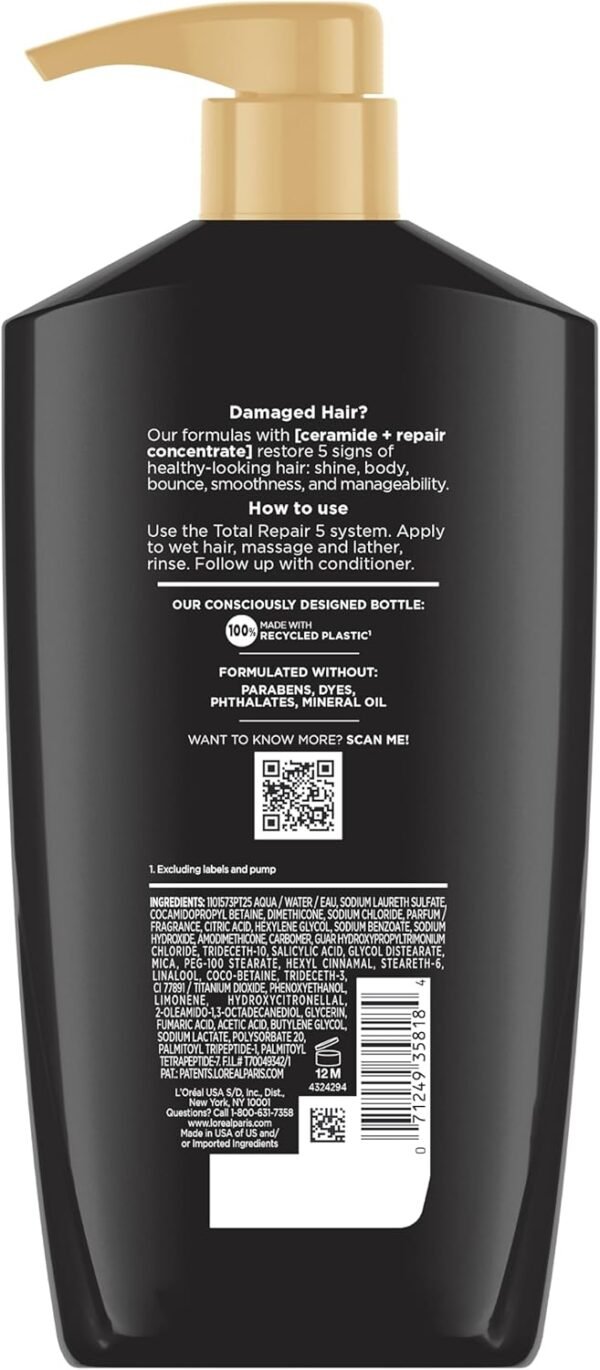 L'Oréal Paris Elvive Total Repair 5 Shampoo riparatore, per capelli danneggiati, shampoo con proteine ​​e ceramide per capelli forti, setosi, lucenti, sani e rinnovati, 28 fl. oz.