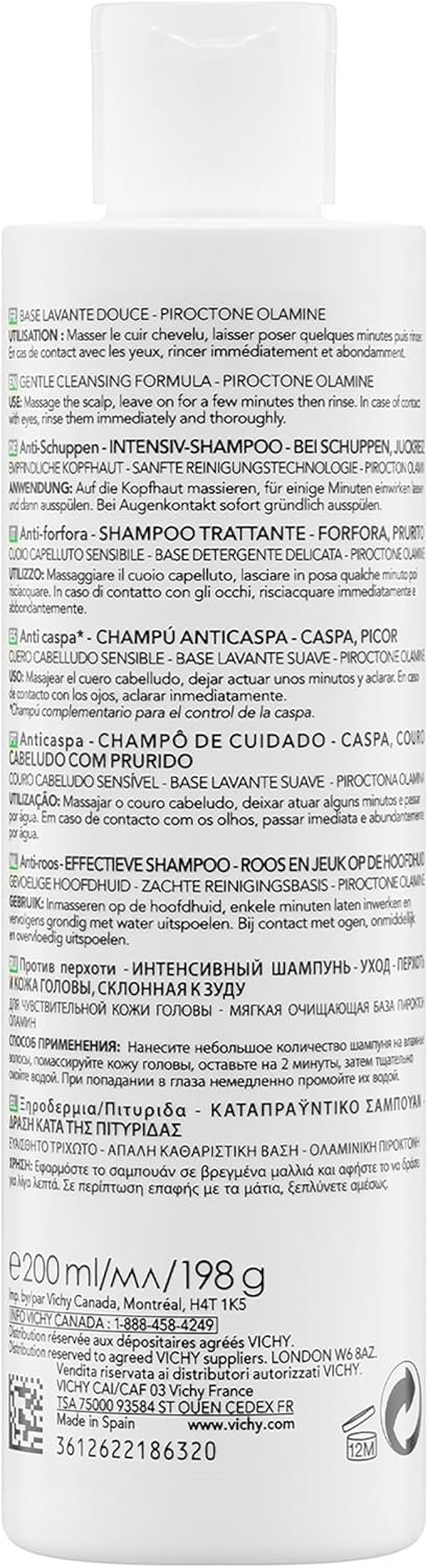 Vichy Dercos Sensitive Shampoo Antiforfora per Cuoio Capelluto Sensibile, Azione Lenitiva, Effetto Anti-Ricomparsa, Arricchito con Pirottolamina e AHA, 200 ml