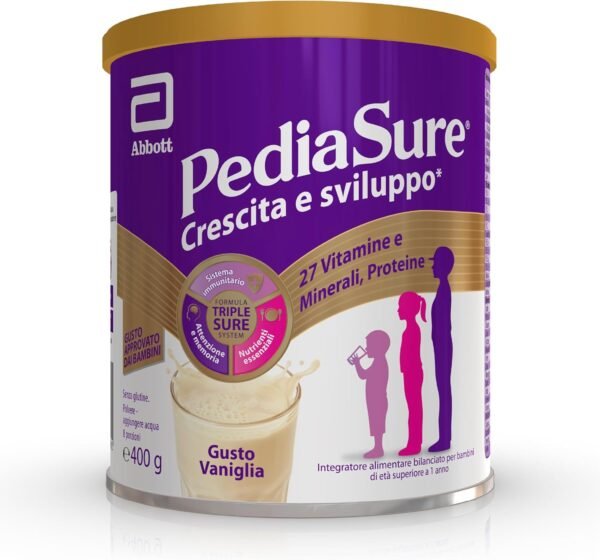 PEDIASURE Crescita & Sviluppo - Integratore Alimentare per Bambini da 1 Anno in Poi, Multivitaminico con 27 Vitamine e Minerali e Proteine, Confezione da 400 g, Gusto Vaniglia