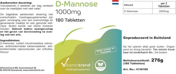 D-Mannosio 1000 mg – Vegano – 180 Compresse – Alto dosaggio – Prodotto in Germania Vitamintrend®