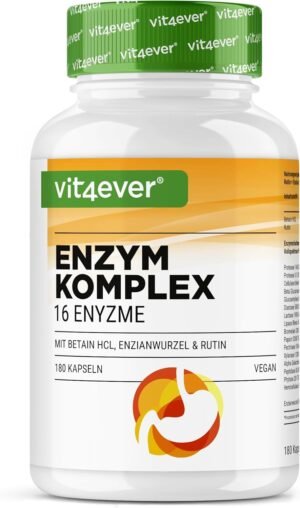 Enzimi Digestivi – 180 Capsule con 16 Enzimi più Betaina HCL, Rutina e Radice di Genziana – Con Bromelina, Papaina, Amilasi, Lipasi, Proteasi, Lattasi – Vegan – Alto dosaggio