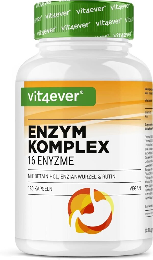 Enzimi Digestivi – 180 Capsule con 16 Enzimi più Betaina HCL, Rutina e Radice di Genziana – Con Bromelina, Papaina, Amilasi, Lipasi, Proteasi, Lattasi – Vegan – Alto dosaggio