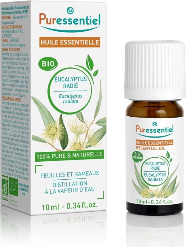 Puressentiel, olio essenziale di eucalipto radiata, 100% puro e naturale, OEBBD (olio essenziale definito botanicamente e biochimicamente) da agricoltura biologica, vegano e cruelty free, 10 ml