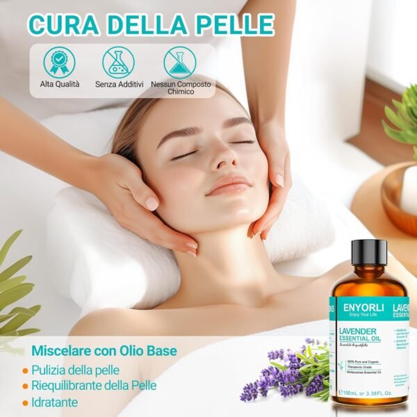 71kLNcubDTL._AC_SL1500_.jpg ENYORLI Olio Essenziale di Lavanda 100ml Olio di Lavanda Puro Non Diluito, Oli Essenziali per Aromaterapia, Diffusori, Massaggi, Cura della Pelle, Rilassanti, Bagni, Aiuta il Sonno e Fai da Te