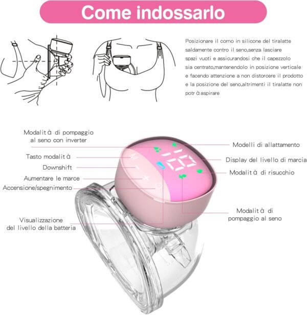 Tiralatte Elettrico Portatile Indossabile, 4 modalità e 12 Livelli, Tiralatte Elettrico per Neonati con Display LCD, Silenzioso e Indolore, 10 Sacchetti per la Conservazione del Latte Gratuiti, 180 ml